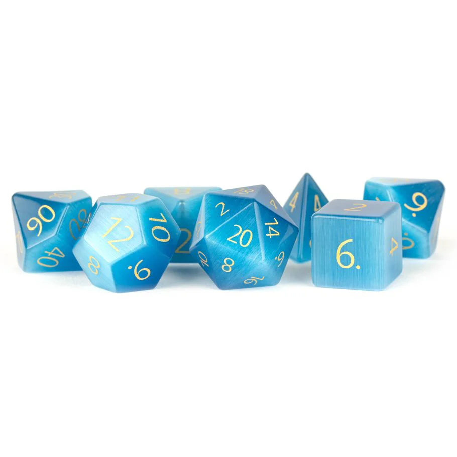 7-Set Stone Polyhedral 16mm: Mystic Mines: Engraved Cat's Eye Aquamarine - Image 2