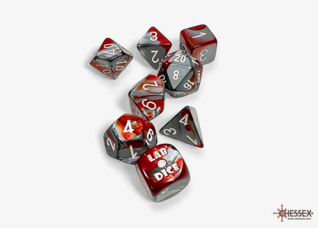 Chessex -  Lab Dice 7 Piece - Red-Steel/White (With Bonus Die) - Image 2